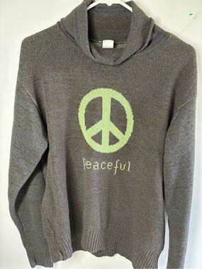 Cozy Gray Turtleneck Sweater with Lime Peace Motif